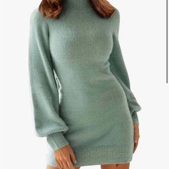 LBD Dresses & Skirts - LBD Gray Fuzzy Long Balloon Sleeve Turtleneck Knit Short Sweater Dress Size S